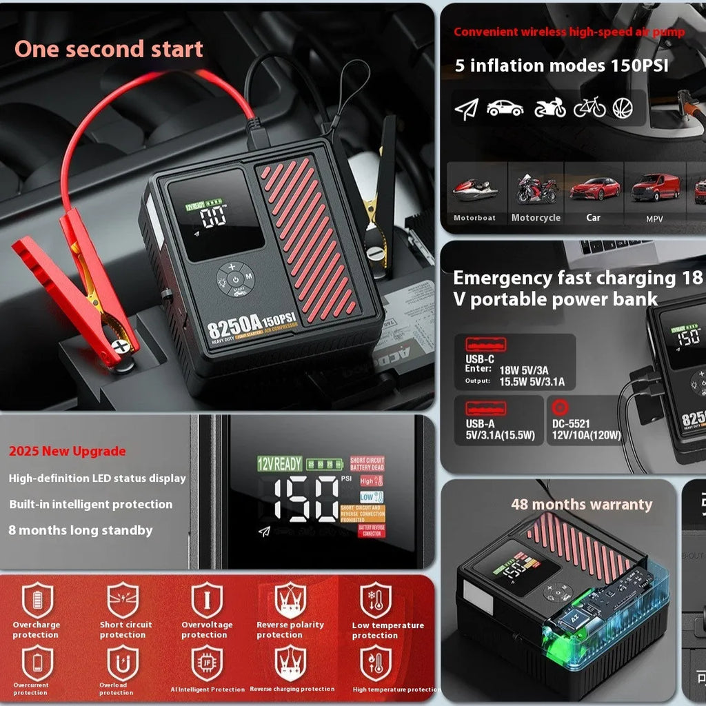 Black intelligent digital display car jump starter with air compressor, 6250A 18000mAh, with clamps and EVA toolbox