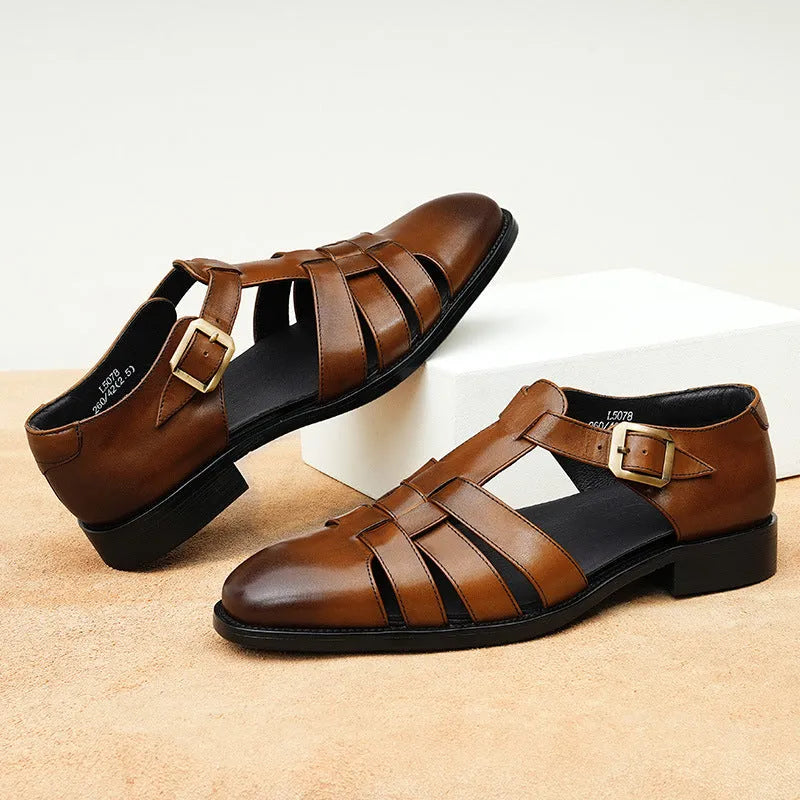 Men's black genuine leather retro-style slip-on sandals with an open toe and rubber sole.