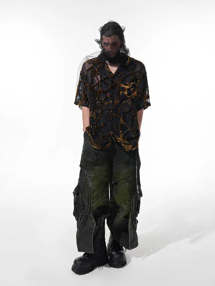 Men's black and grey snake pattern translucent short-sleeved shirt with lapel collar