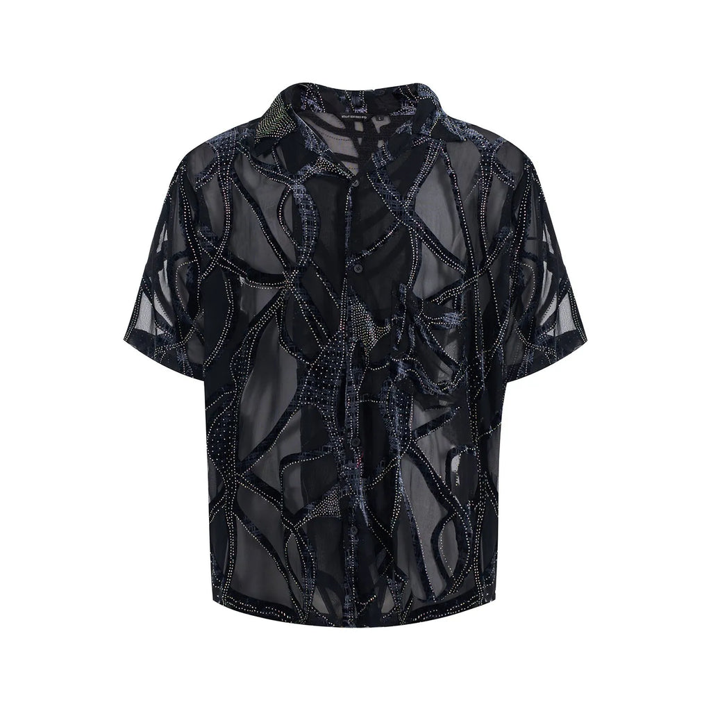 Men's black and grey snake pattern translucent short-sleeved shirt with lapel collar