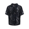 Men's black and grey snake pattern translucent short-sleeved shirt with lapel collar