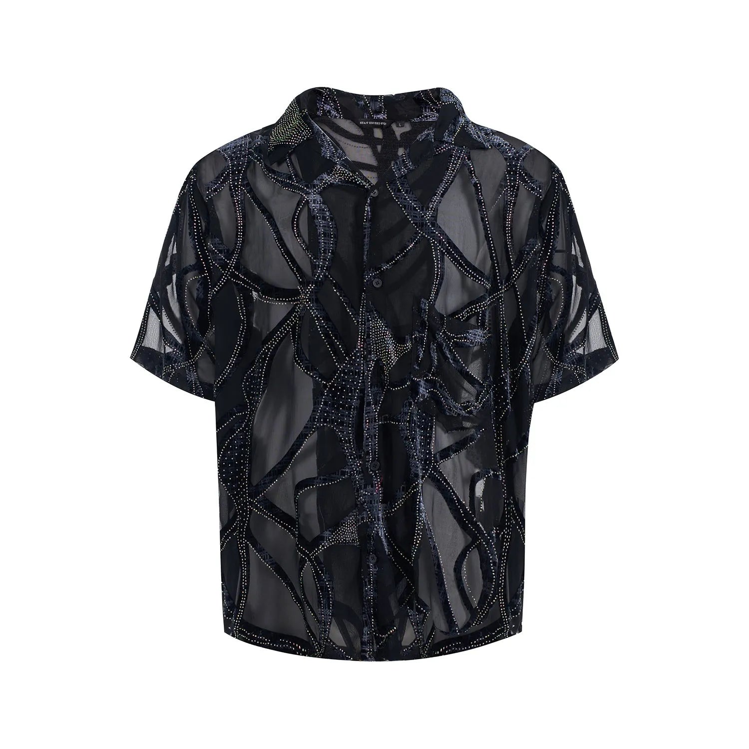 Men's black and grey snake pattern translucent short-sleeved shirt with lapel collar