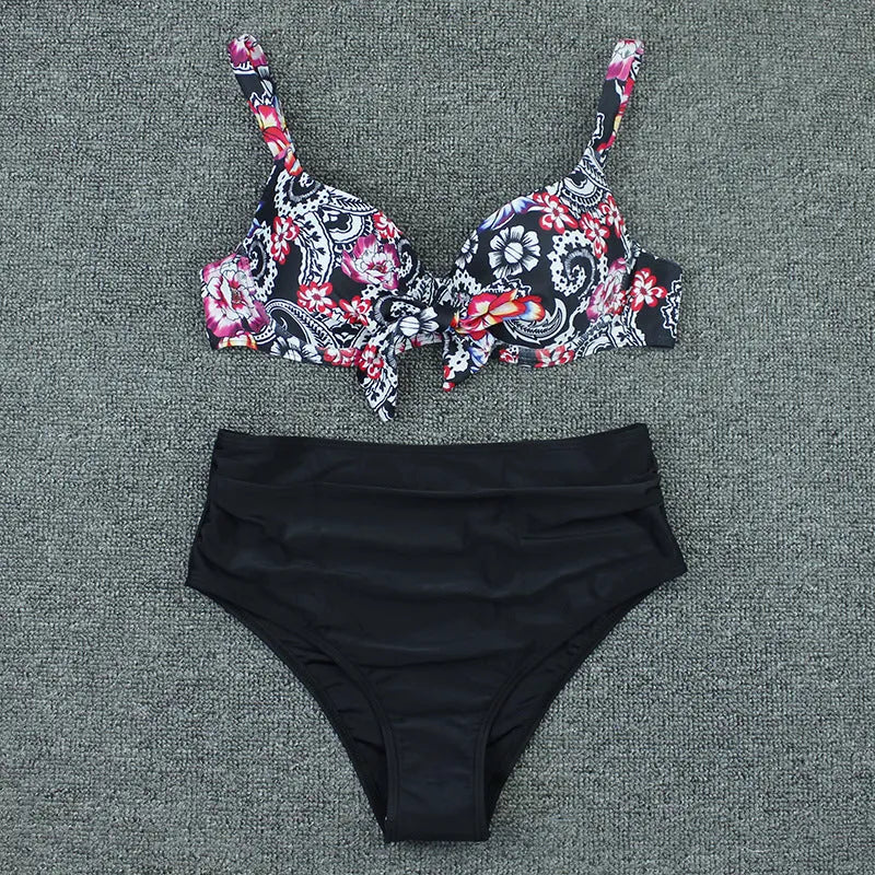 Women's high-waist split bikini set in solid colour with floral print, black or army green, sizes S-XL