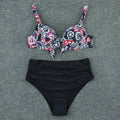 Women's high-waist split bikini set in solid colour with floral print, black or army green, sizes S-XL