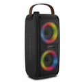 Portable Bluetooth speaker with colour light in black plastic shell, showing built-in speaker grille and button controls.