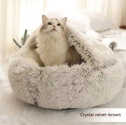 A soft, plush pet bed in various colors, including olive green, brown, pink, and grey, designed for the comfort and relaxation of cats and dogs.