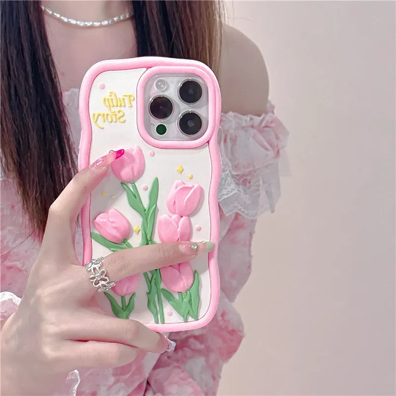 3D tulip silicone phone case with frosted finish and fall protection, in pink or colour matching for iPhone models