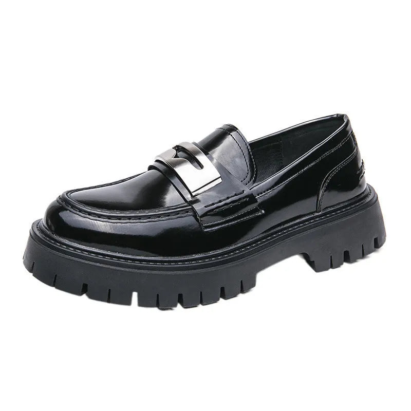 Men's glossy black PU leather loafers with a hidden low heel platform sole.