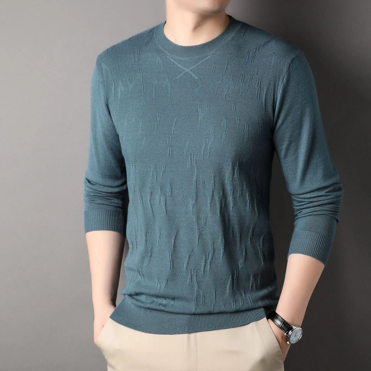 Loose fit mens solid colour polyester fibre long sleeve sweater in black, front view