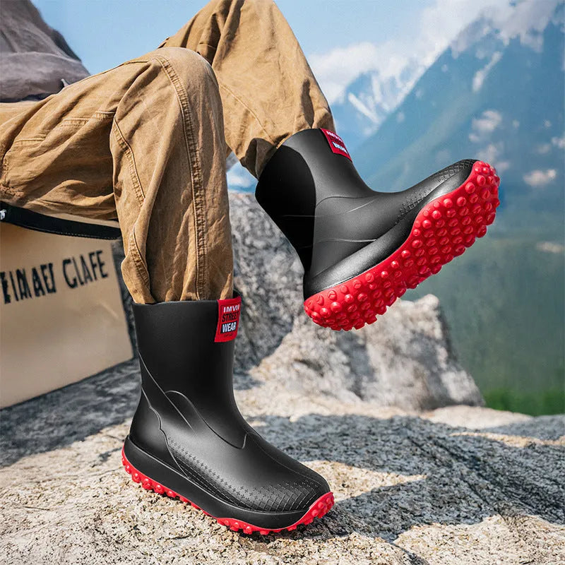 Men's mid-height PVC rain boots in beige colour with non-slip plastic soles