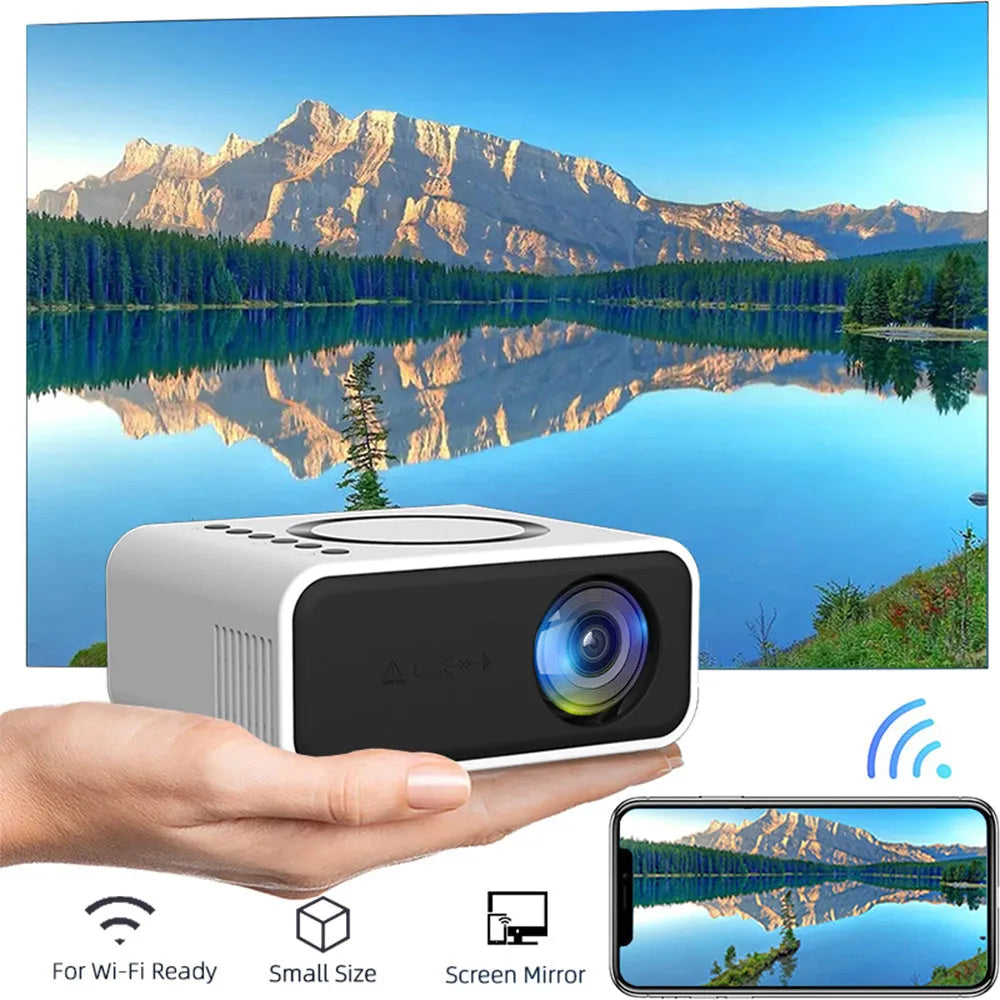 YT300 portable mini projector in black or white with compact design showing connectivity ports and remote control