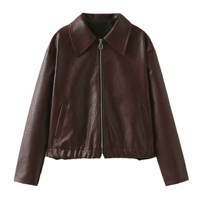 Premium faux leather jacket with zipper closure and lapel collar design, available in burgundy and black colors