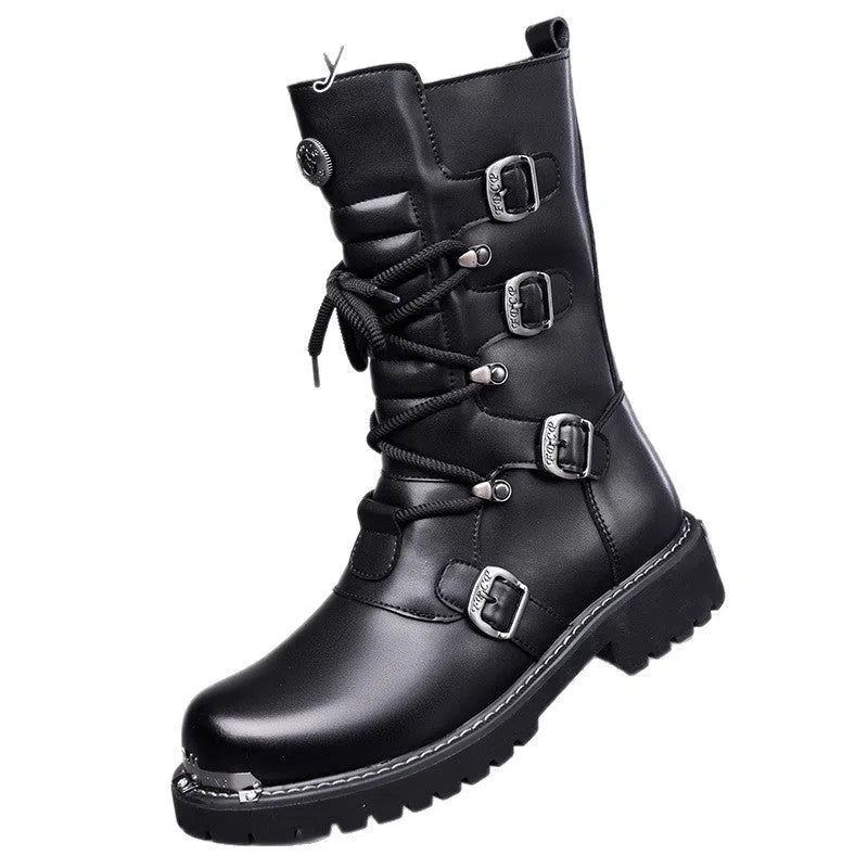 Black men's mid-calf riding boots with side zipper, round toe, flat heel, and suede finish.