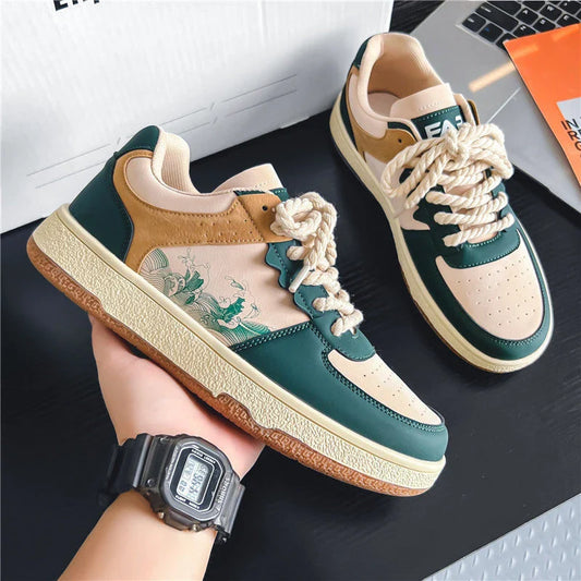 Stylish lace-up casual sneakers for men in various colors with thick soles, breathable mesh lining, and durable construction