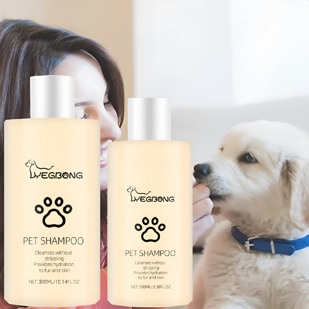 Mild dog shampoo bottle in 100ml and 300ml sizes for pet grooming and tangle reduction