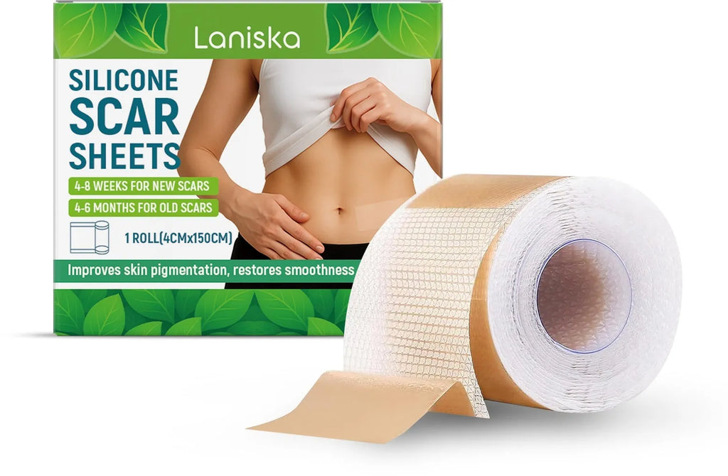 Silicone scar sheets roll measuring 4cm wide by 150cm long with tea tree oil and aloe extract ingredients