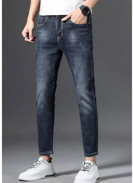 Men's stretch cotton jeans straight leg cropped Korean style blue grey washe