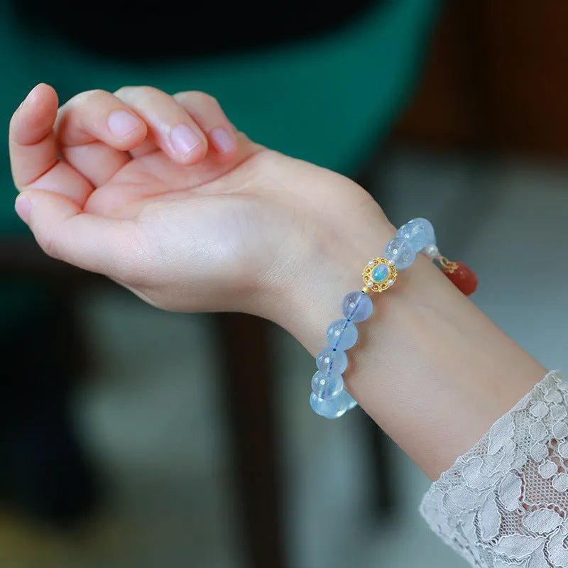Chinese style DIY bracelet kit with aquamarine beads, pearl elements and Fengjiu design for jewellery making