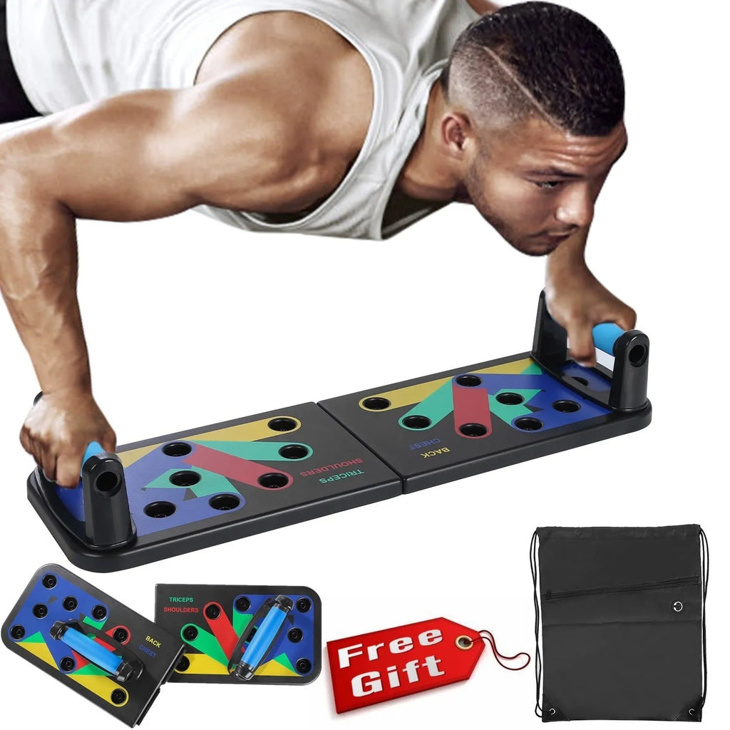 Multifunctional push-up fitness board bracket aid in ABS plastic, folded 33 x 19.5cm and opened 66 x 19.5cm.