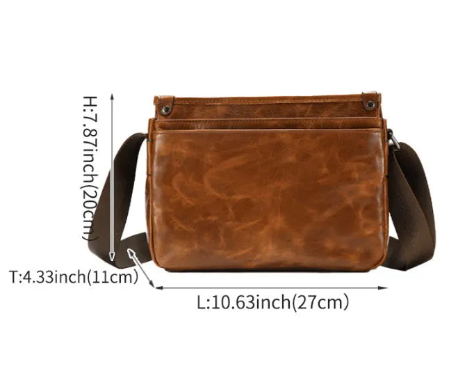 Brown genuine leather men's crossbody messenger bag with large capacity for daily wear