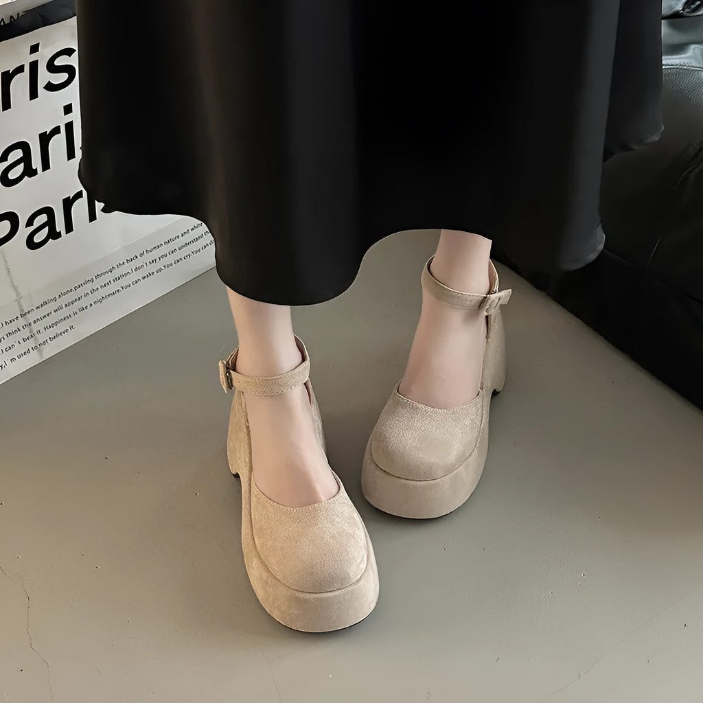 Women's closed toe court shoes with suede upper, thick short stout heel over 8cm, round toe, black or khaki