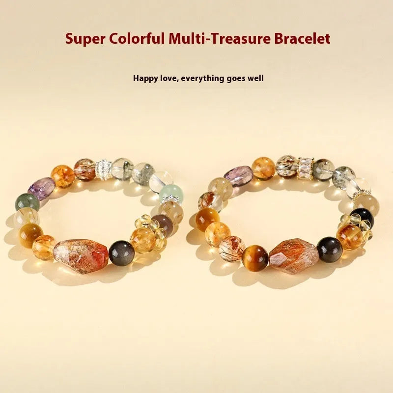 Natural crystal string bracelet with hand-beaded Duobao designs including black gold Super Seven style for women