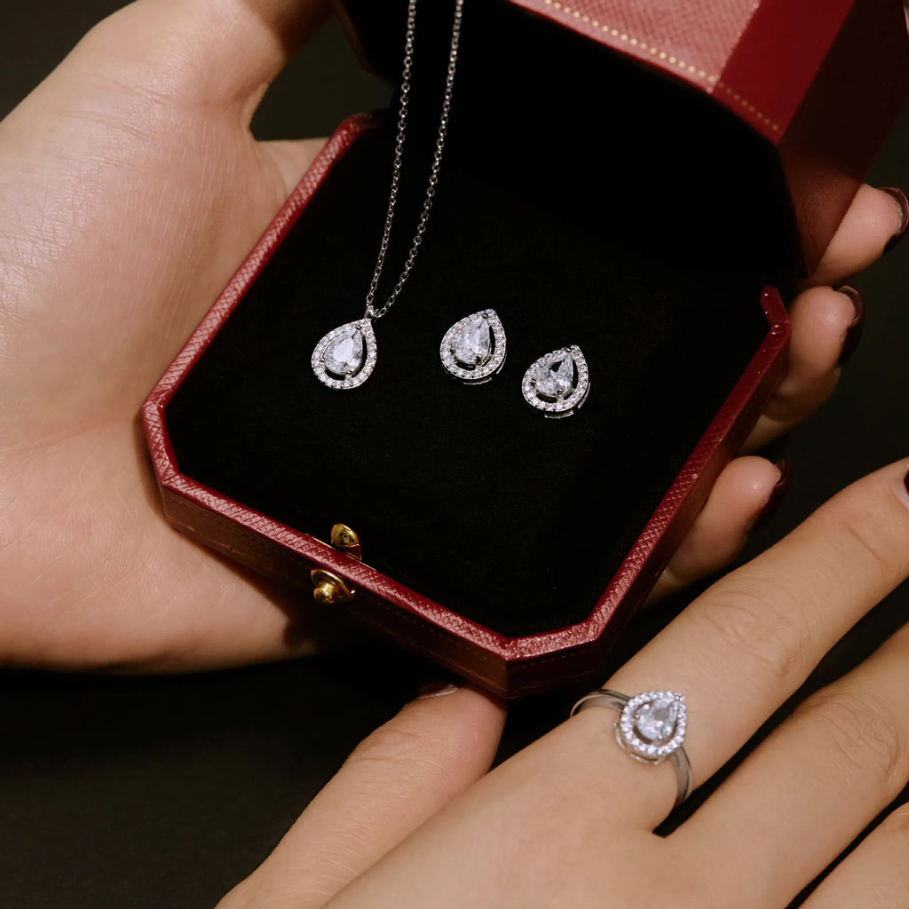 S925 sterling silver ring with drop-shaped diamond zircon stone in light luxury style, available in UK sizes No 5 to No 9