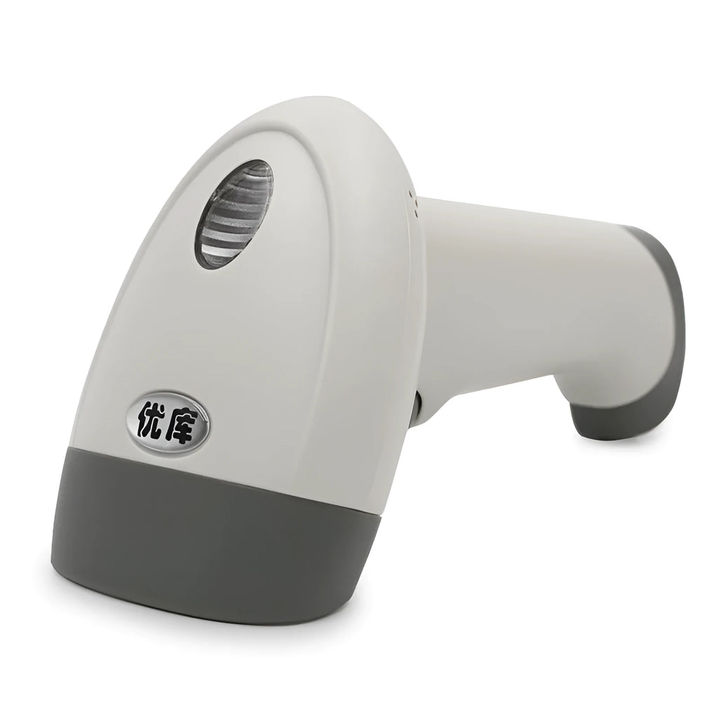 Youku M2 white serial port handheld 1D red light barcode scanner with USB cable on a desk