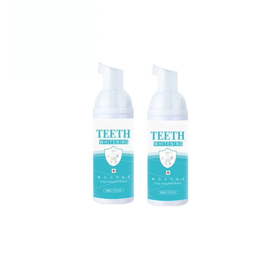 Teeth whitening mousse 50ml oral cleaning foam in white bottle with blue label
