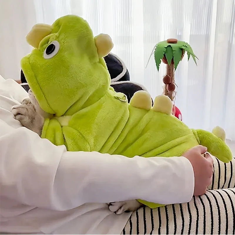 Green fleece dinosaur costume for small dogs with four legs, white chameleon back, and cartoon eyes