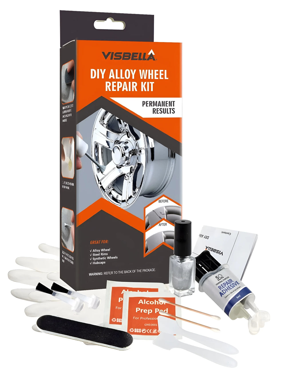 Alloy wheel repair kit with glue, paint, sanding file, gloves, spatulas and brushes on workbench