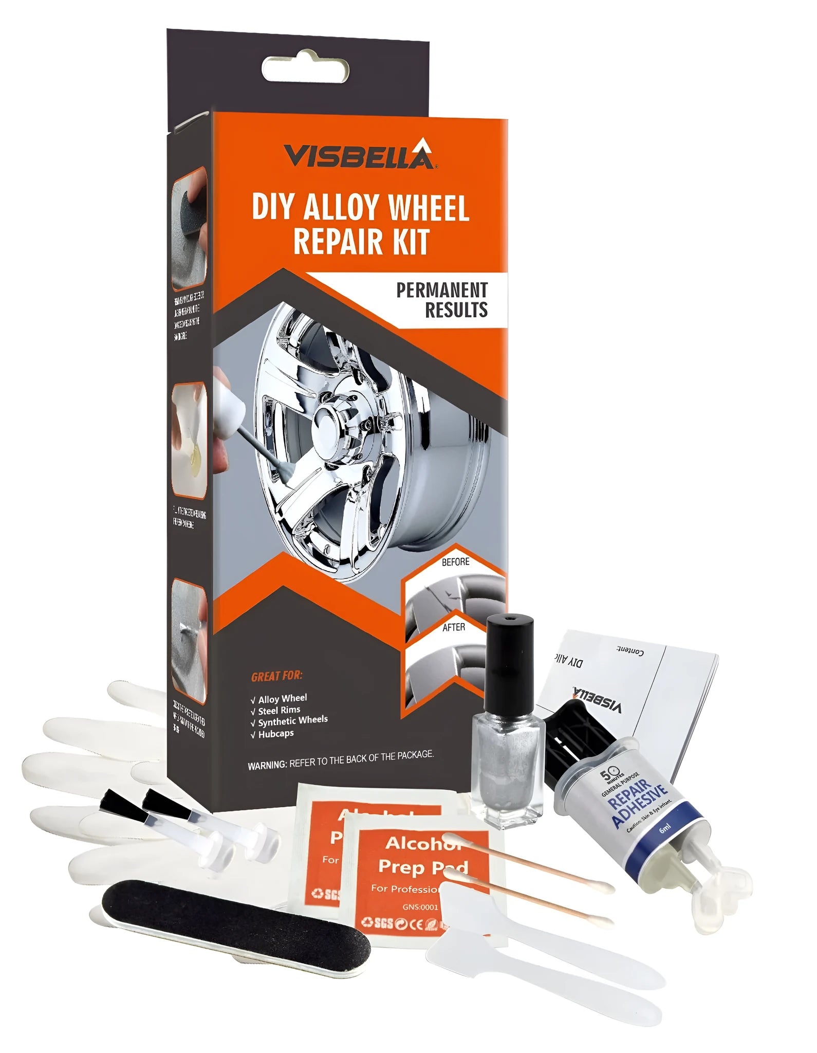 Alloy wheel repair kit with glue, paint, sanding file, gloves, spatulas and brushes on workbench