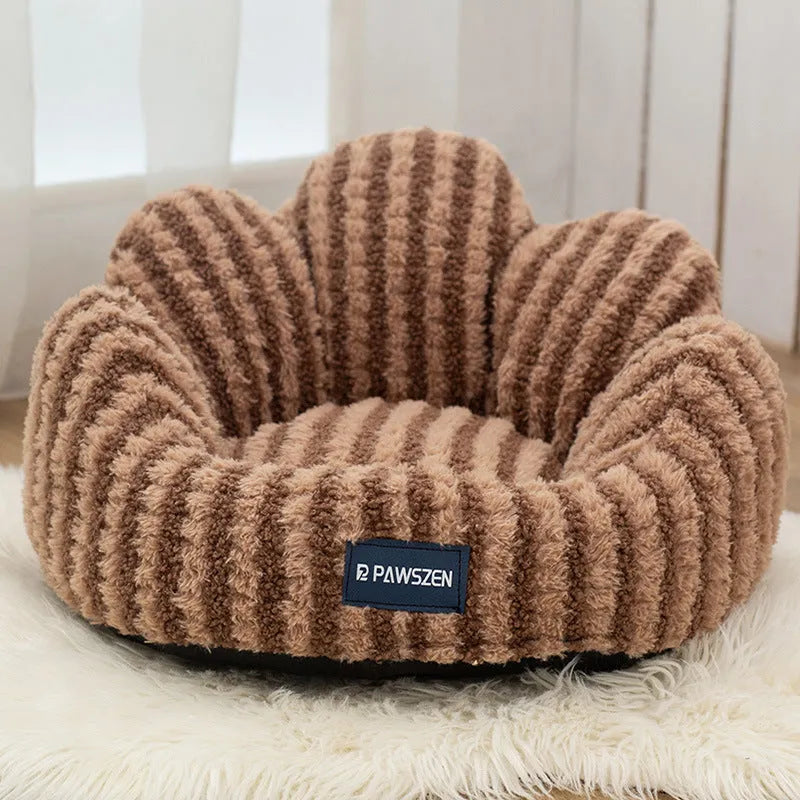 Petal cat nest thickened warm kennel in light blue or coffee striped flower nest, sizes small medium large