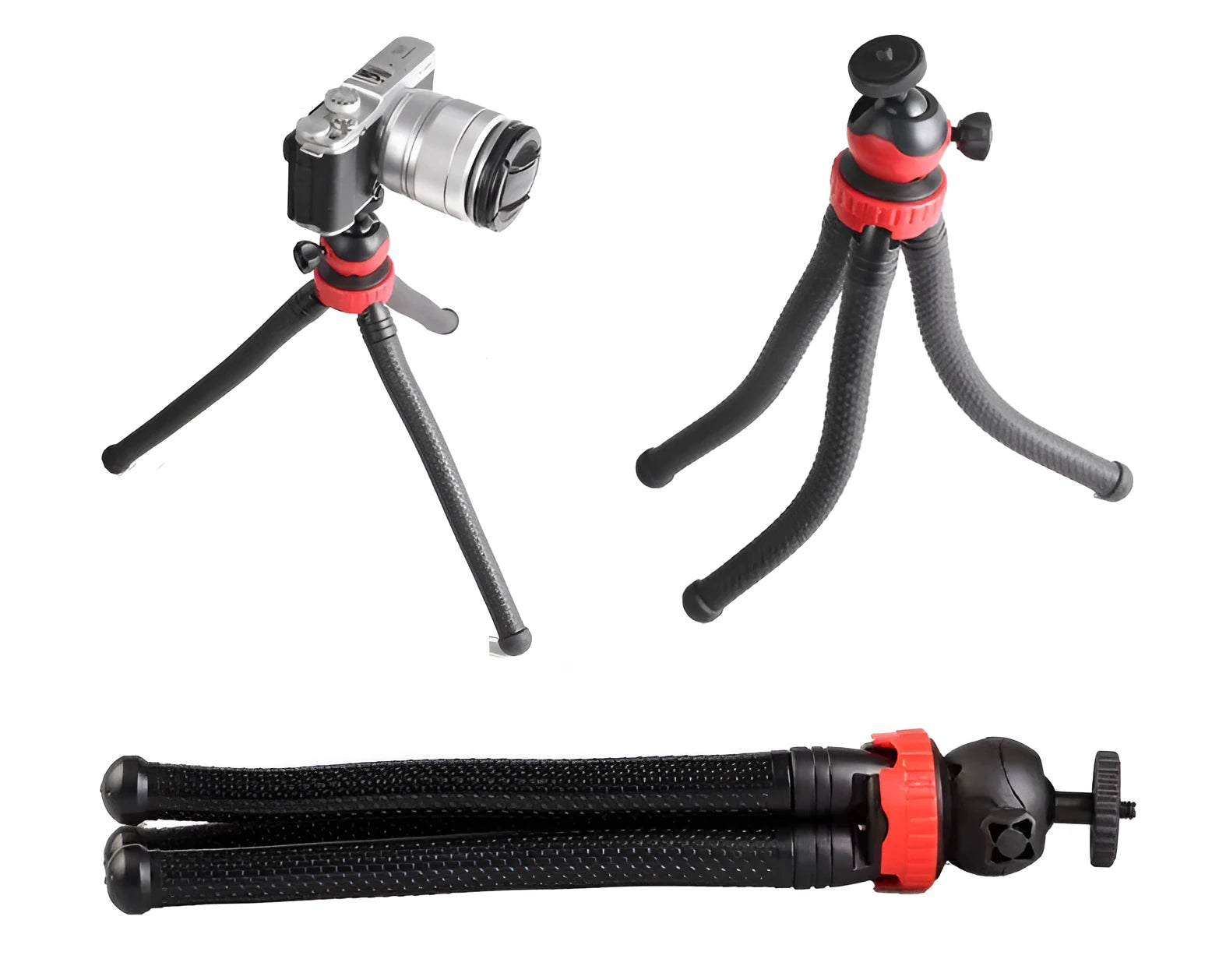 Black flexible octopus tripod with wrapped legs and spherical gimbal head for mounting a smartphone