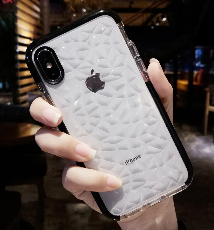 TPU iPhone case with striped back design in three colour options: black, pink with white edge, white with black border