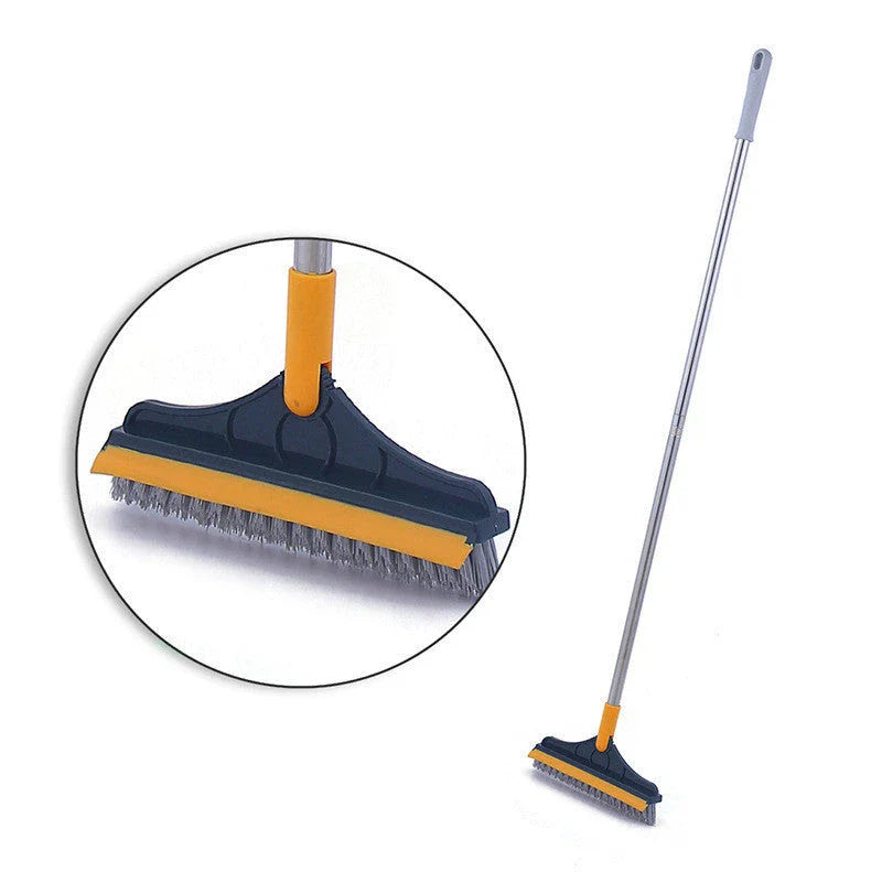 Versatile floor cleaning brush with triangular head, adjustable angles, and scraper function for efficient dirt, dust, and pet hair removal