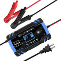 Blue universal smart battery charger for 12V 24V motorcycles cars trucks CE certified EU UK US plug