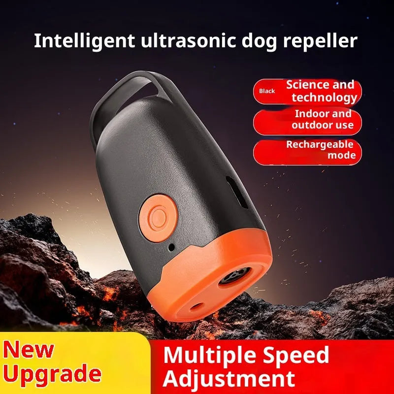 Mini ultrasonic dog dispeller in black and orange ABS, 3cm x 2cm x 6cm, handheld bark stopper for dogs and cats
