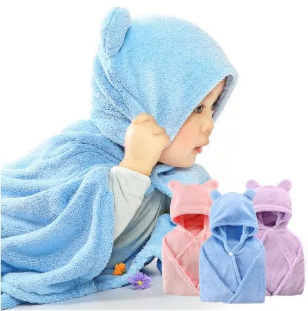Cotton baby care hooded bath towel Tado muslin 65x110cm in blue, high water absorption multifunction blanket