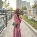 Red floral sweet cover long dress with elastic high waist and 3/4 princess sleeves