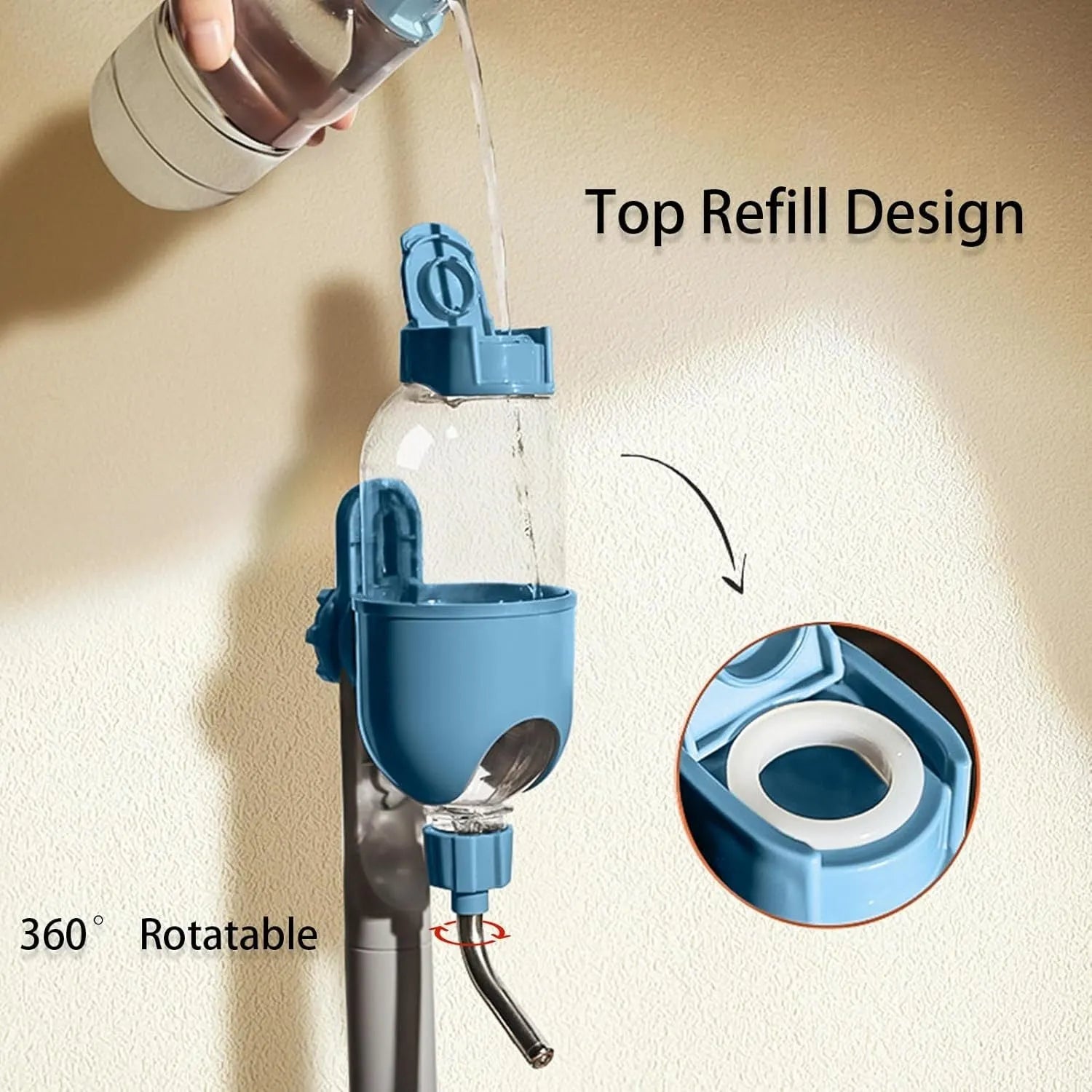 Blue small animal water bottle with rotatable nozzle and stainless steel ball valve for cage mounting
