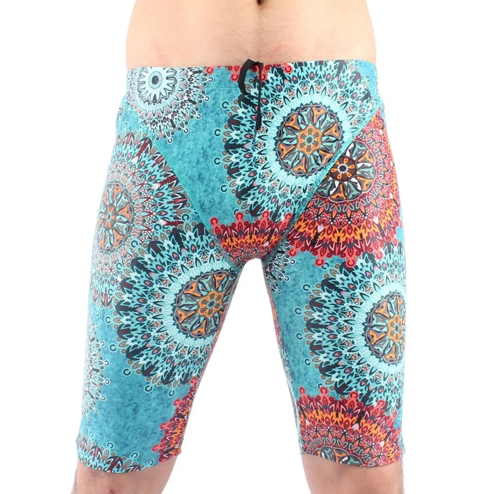 Men's green and navy blue swimming trunks with quick-dry fabric and anti-embarrassment lining