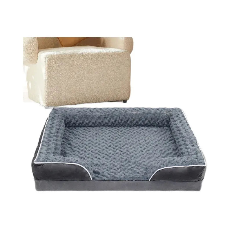 Light grey waterproof dog kennel pad with removable washable cover next to a dog crate.