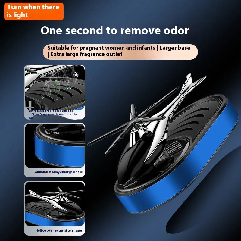 Solar car aromatherapy unit in black plastic for dashboard odour removal with fragrant tablet