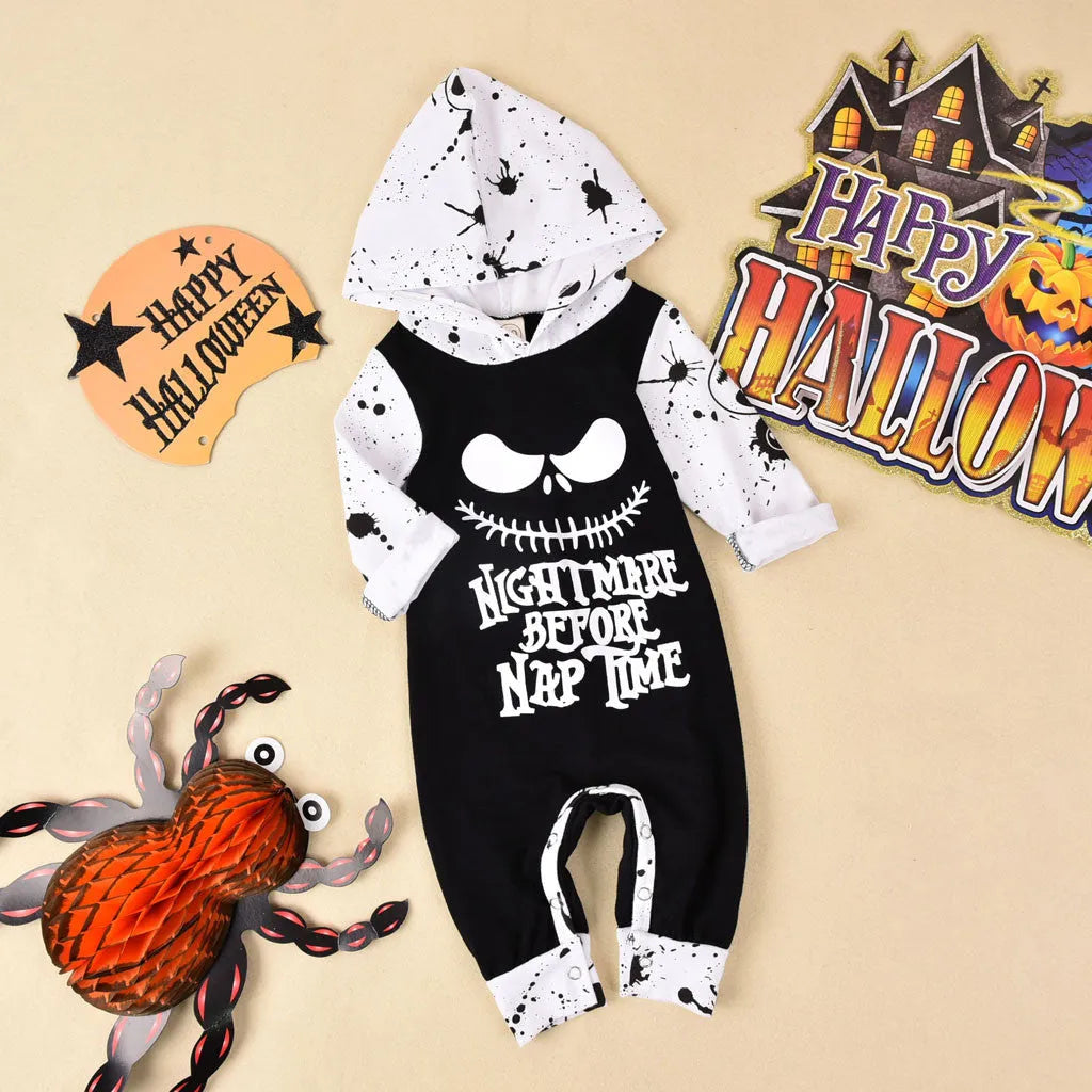 A black or brown hooded Halloween romper costume with long sleeves for a baby or toddler.