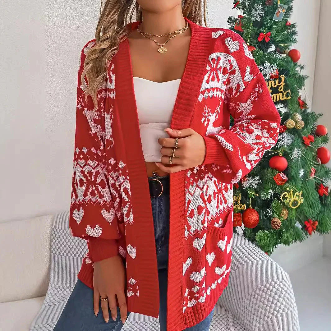 Women's Christmas cardigan with open front, lantern sleeves, and festive deer print in red, green, and white colors