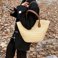 Straw weaving women's handbag in off white with contrast colour detailing