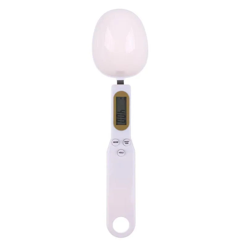 White digital spoon kitchen scale with LCD display showing weight measurement