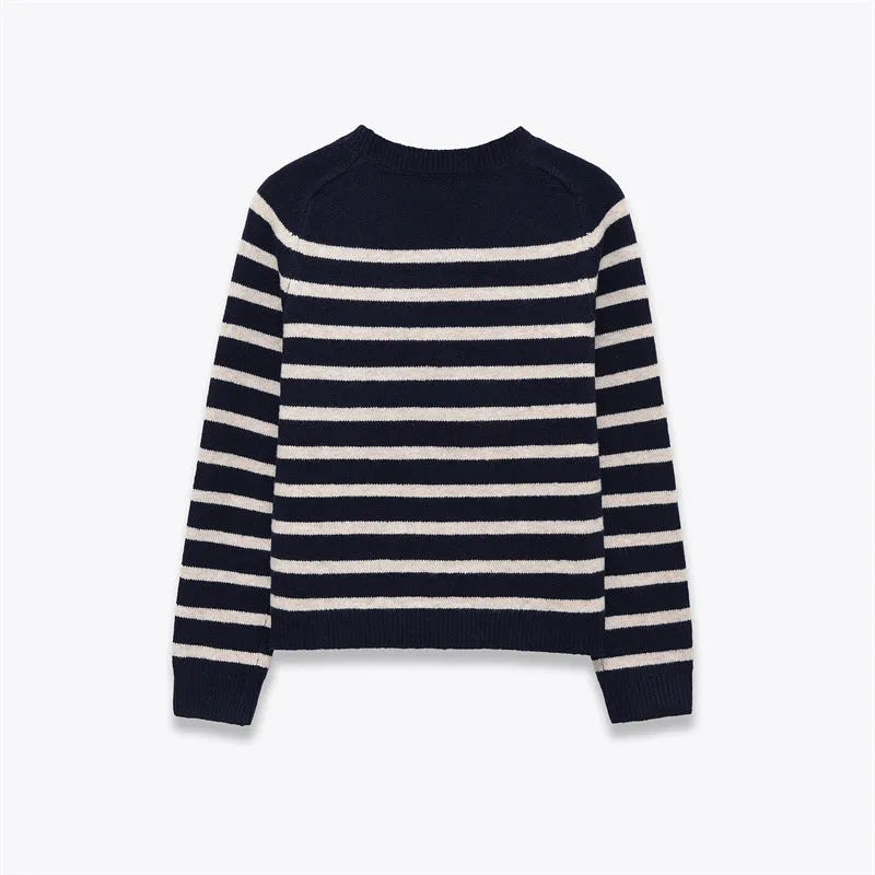 Women's loose striped knit sweater pullover with colour block patchwork in apricot and black, round neck long sleeves