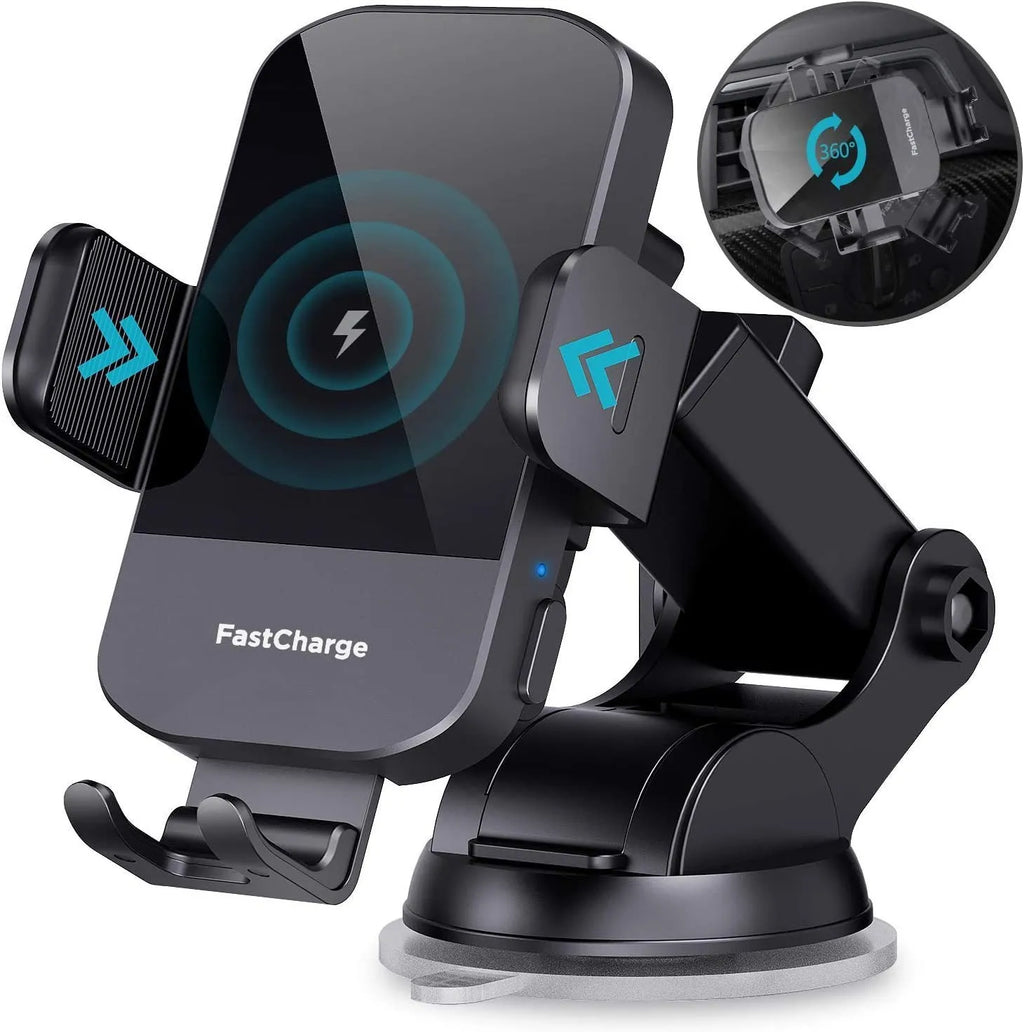 Black car wireless charging stand with 15W fast charging, shown with air vent clip and dashboard tripod mounting options.